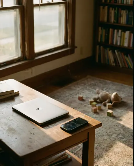 A closed laptop on a wooden table in late afternoon sun, a phone face down beside it, toys on the rug.