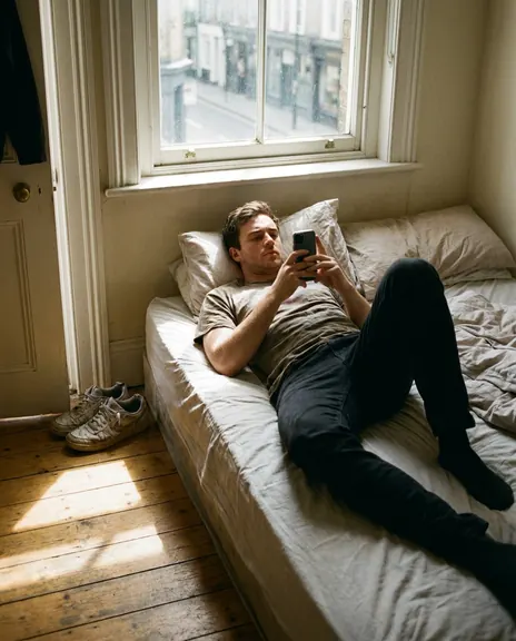 Sun on the floorboards: a man lies dressed on an unmade bed, looking at his phone. (AI-generated illustration)