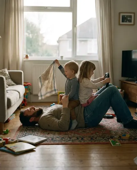 A father lies on his back on the rug while two small kids sit on him and steer, one holding up a tea towel as a sail.